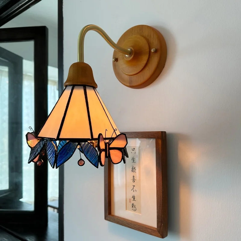 Afralia™ Butterfly Glass LED Wall Light with Copper Arm for Home Decor.
