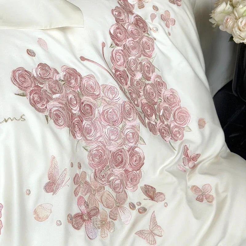 Afralia™ Rose Butterfly Embroidery 1000TC Egyptian Cotton Bedding Set in Cream White