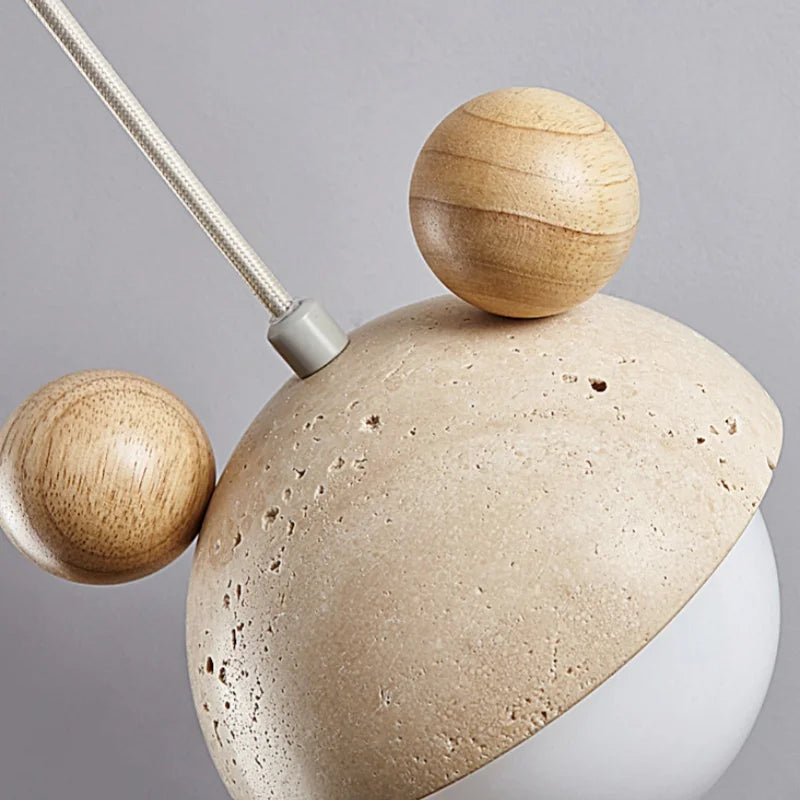 Afralia™ White Glass Ball Pendant Lights Yellow Travertine Wood Hang Lamp