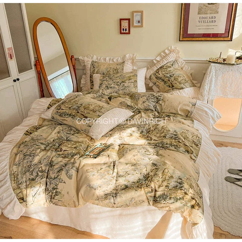Afralia™ Vintage Oil Painting Inspired Ruffled Queen Duvet Cover Set - 4 Pieces