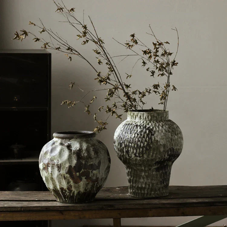 Afralia™ Coarse Pottery Vase Chinese Retro Porcelain Floral Arrangement Home Decor