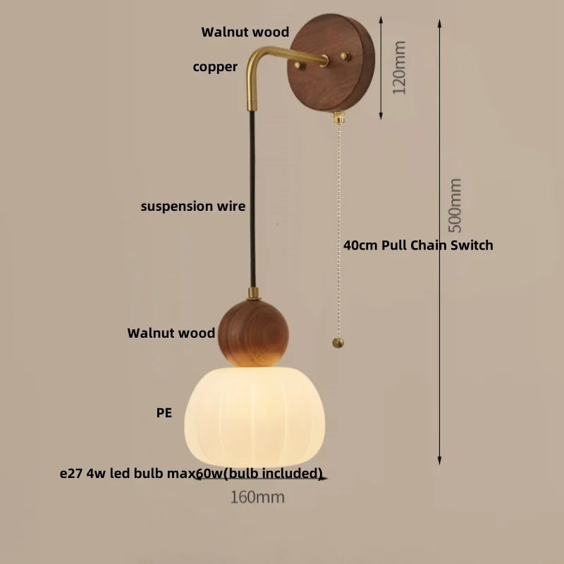 Afralia™ Wood LED Wall Lamp with Pull Chain Switch for Living Room, Dining Room, Bathroom