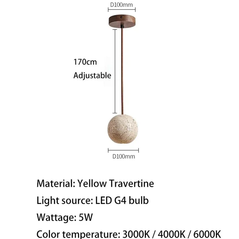 Afralia™ Small Round LED Pendant Stone Yellow Travertine Chandelier - Minimalism Hanging Line Lighting