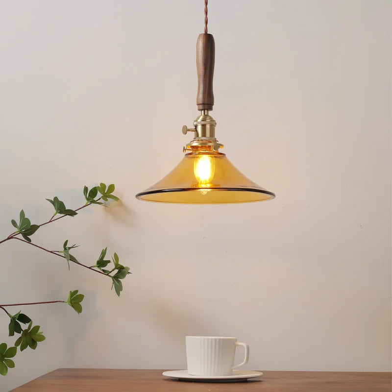 Afralia™ Amber Glass LED Pendant Light with Walnut Handle for Dining Living Room