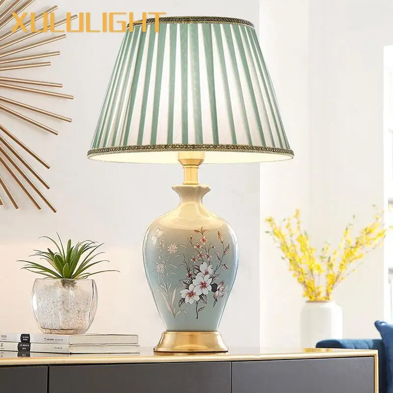 Afralia™ Ceramic Floral Remote Control Table Lamp - Bedroom Decor & Lighting