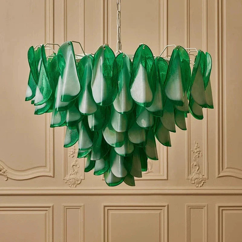 Afralia™ Pink Green Petal Glass Chandelier Ceiling Mount - Luxury Pendant Light Fixture