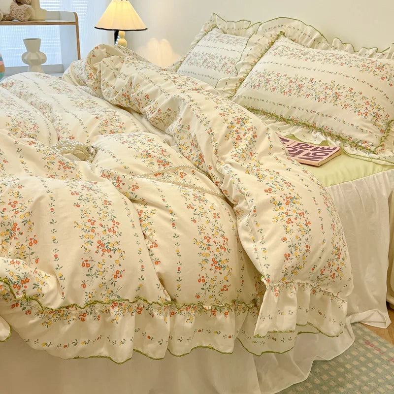 Afralia™ Lace Bedding Set: Printed Design, Single Queen Size, Cozy Quilt Cover, Fitted Sheet, 2 Pillowcases
