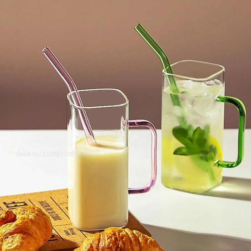 Afralia™ Glass Drinking Cups with Straw & Acrylic Lid, Colored Handle Layer for Beverages