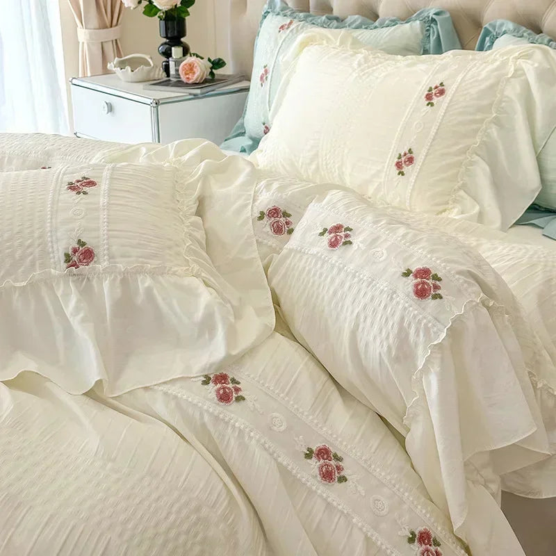 Afralia™ Romantic Lace Bubble Gauze Queen Bedding Set - Elegant Princess Style emb. Duvet Cover Set