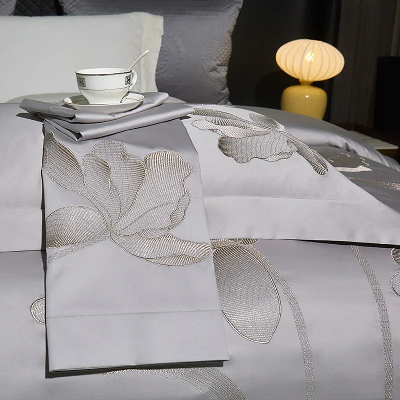Afralia™ Luxury Flower Embroidery 1000TC Egyptian Cotton Bedding Set - 4Pcs