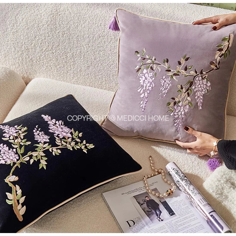 Afralia™ Botanical Wisteria Embroidered Cushion Cover with Tassel