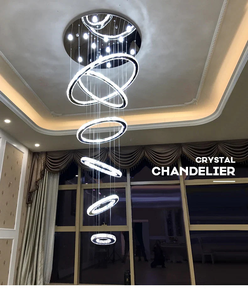 Afralia™ Chrome Rings Crystal Chandelier: Modern Luxury Staircase Lighting for Villa Lobby Fixtures