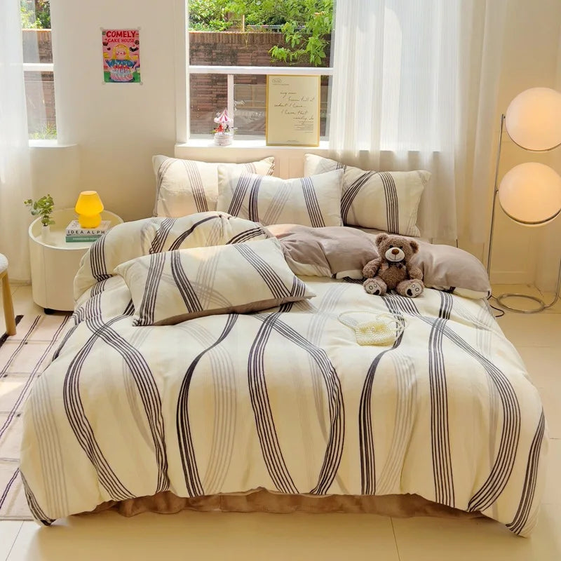 Afralia™ Snowflake Velvet Cute Cartoon Flower Bedding Set for Single Queen