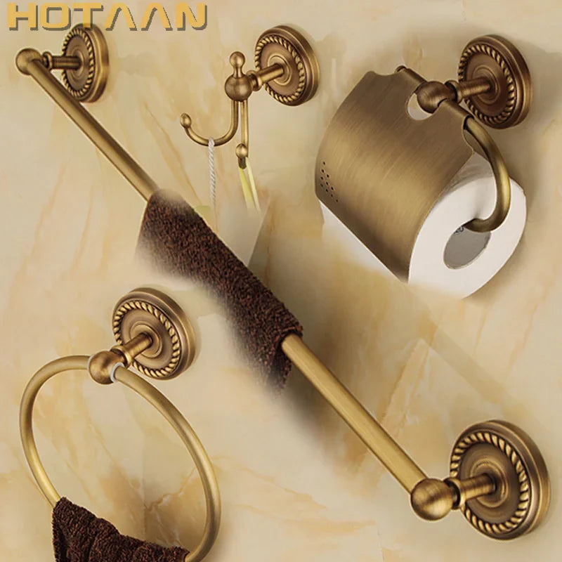 Afralia™ Brass Bathroom Set: Robe Hook, Paper Holder, Towel Bar, Towel Ring - 4 Piece Kit