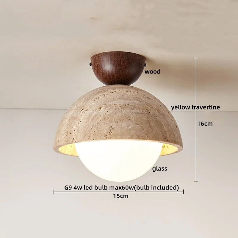 Afralia™ Acrylic LED Ceiling Lamp Yellow Travertine Wood Canopy Wabi Sabi Style