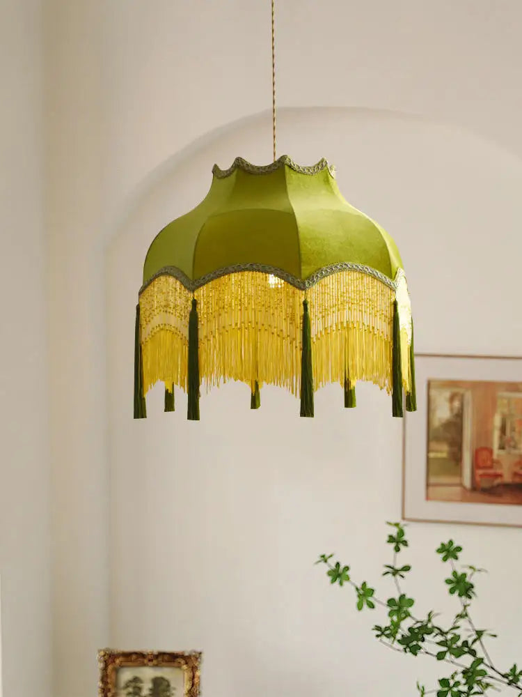 Afralia™ Vintage Green Cloth Tassels LED Ceiling Chandelier Pendant Lights Home Decor