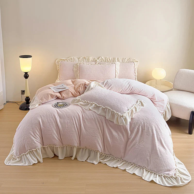 Afralia™ Princess Velvet Fleece Ruffles Winter Bedding Set - Plush Coral Velvet Duvet Cover & Sheet