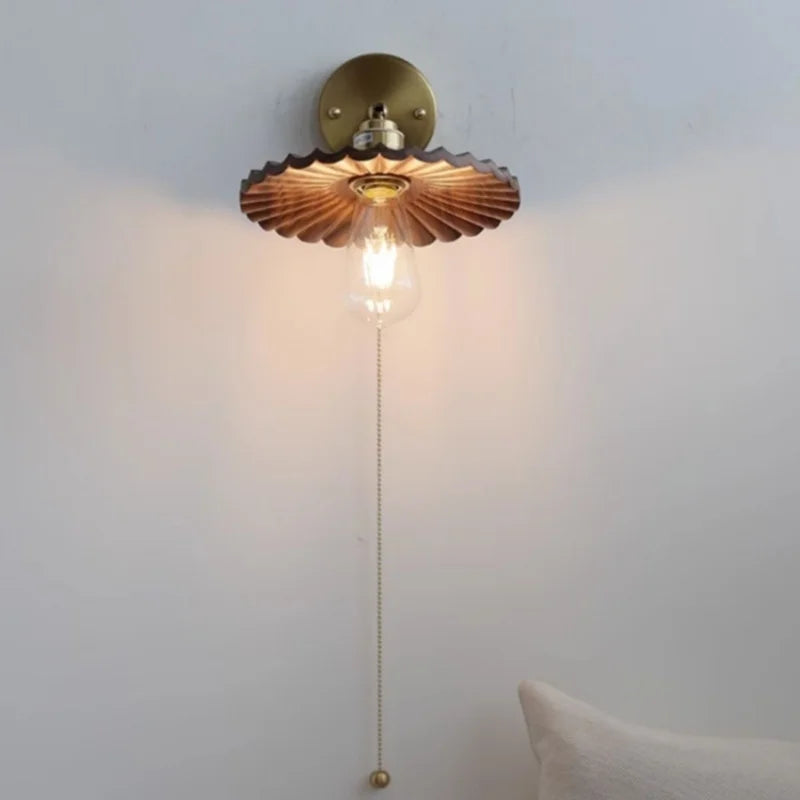 Afralia™ Nordic LED Wall Light Sconce Walnut Wood Copper Pull Chain Switch