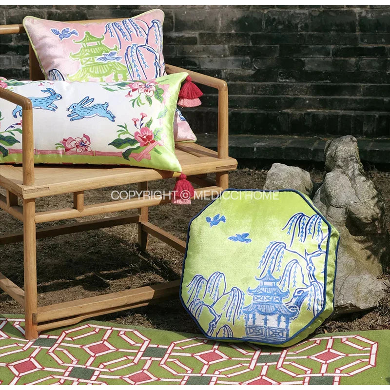 Afralia™ Spring Pavilion Rabbit Decorative Pillow Cover - Double Sided Embroidered Cushion Case