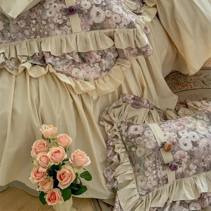 Afralia™ Vintage French Flowers Lace Ruffles Bedding Set with Egyptian Cotton Quality