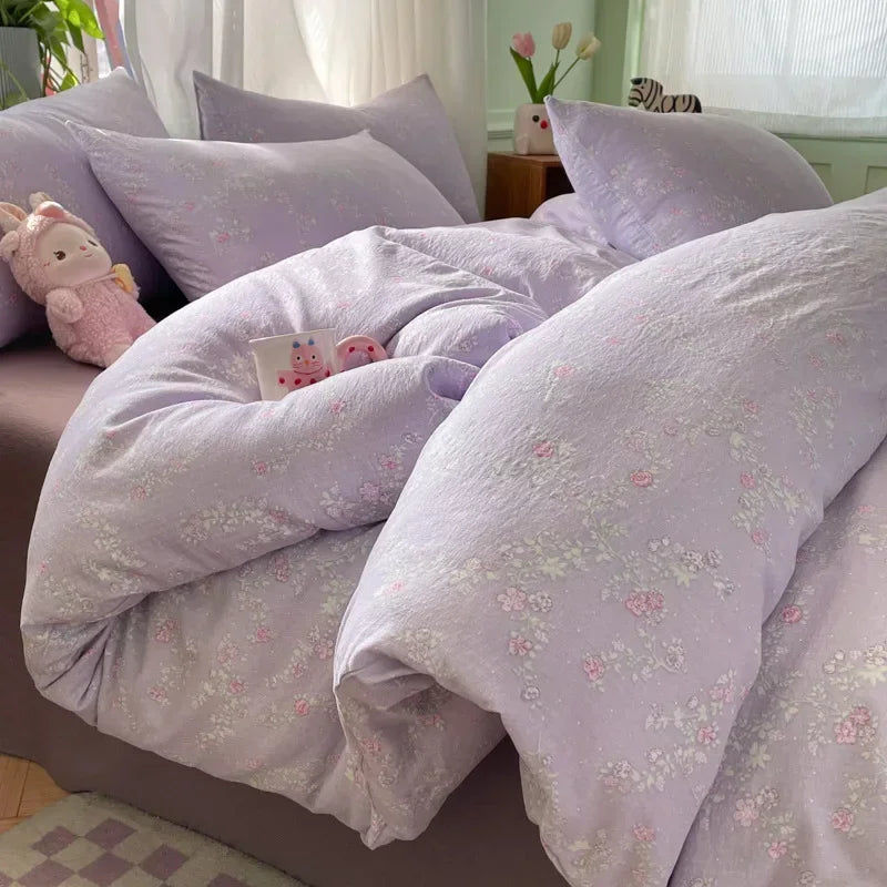 Afralia™ Small Floral Print Double-Layer Yarn Bedding Set - Super Soft Duvet Cover Kit