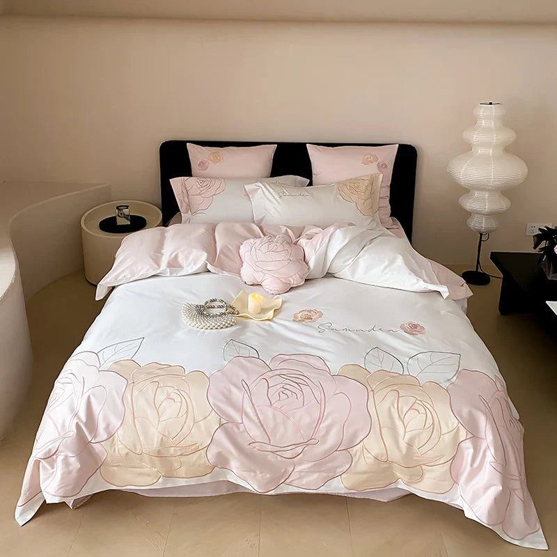 Afralia™ Luxury Rose Flowers Embroidery Bedding Set 1000TC Egyptian Cotton Duvet Cover Set