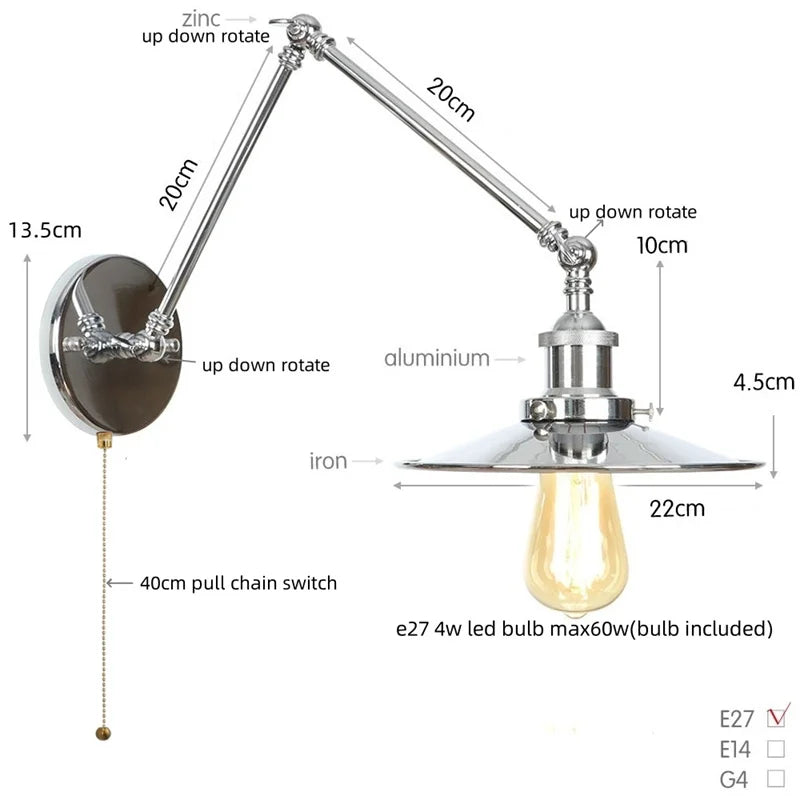 Afralia™ Industrial Lens Vintage Loft LED Wall Lamp with Swing Arms & Pull Chain Switch