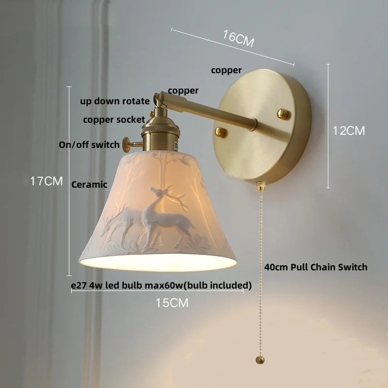 Afralia™ Copper LED Sconce Wall Lamp Pull Chain Switch Nordic Modern Ceramic Mirror Light