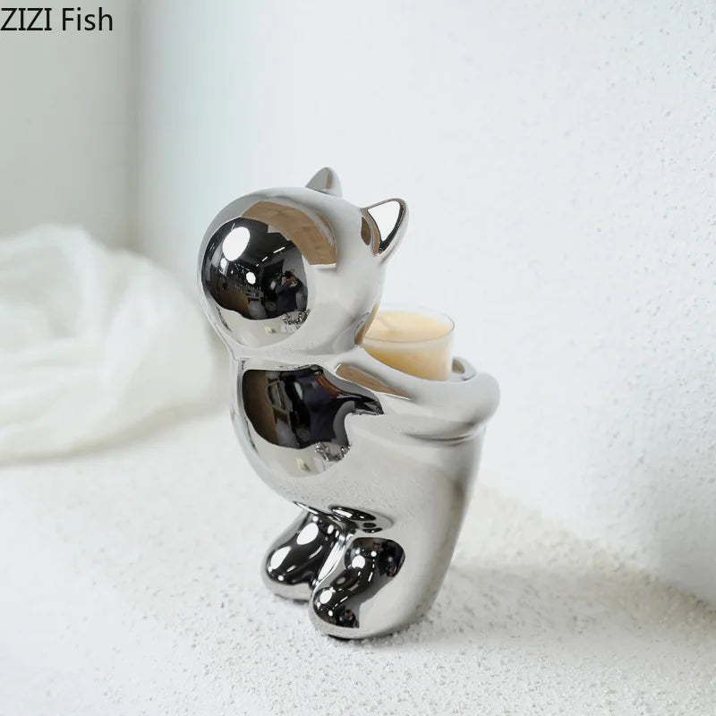 Afralia™ Silver Ceramic Cat Candle Holder Home Aroma Container & Decorative Desk Ornament