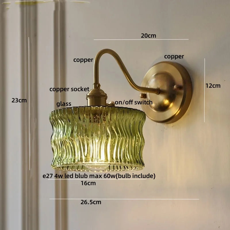 Afralia™ Green Glass LED Wall Light with Copper Knob Switch for Modern Home Décor