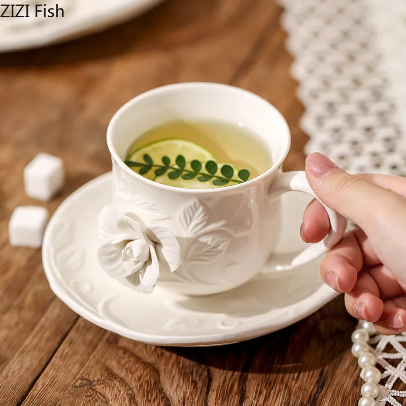 Afralia™ Porcelain Floral Cup & Saucer Set, Elegant Coffee Mug for Dining Table