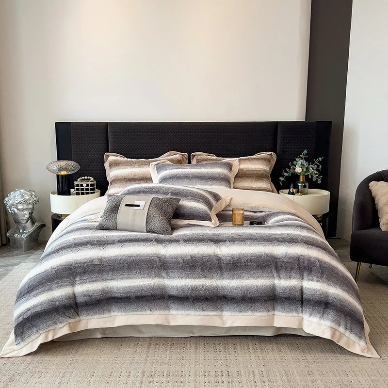 Afralia™ Cozy Faux Fur Bedding Set: Gradient Rabbit Fur Plush Cover Sheet Pillowcases