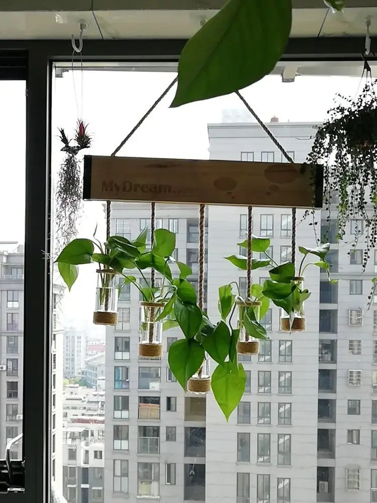 Afralia™ Glass Planter Vase with Wooden Stand for Wall Hanging Display