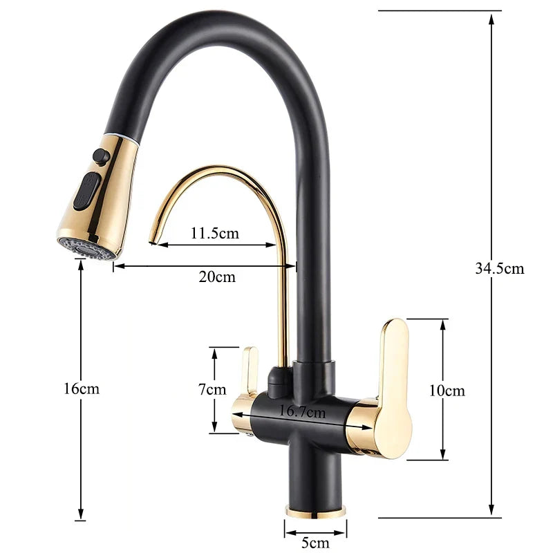 Afralia™ Black Gold Filter Kitchen Faucet with Dual Spout and Handles