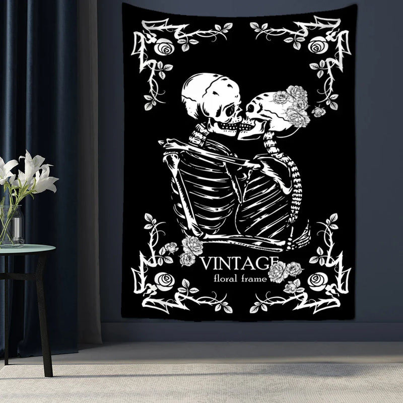 Afralia™ Lovers Skull Tapestry Wall Hanging Black White Romantic Skeleton Home Decor