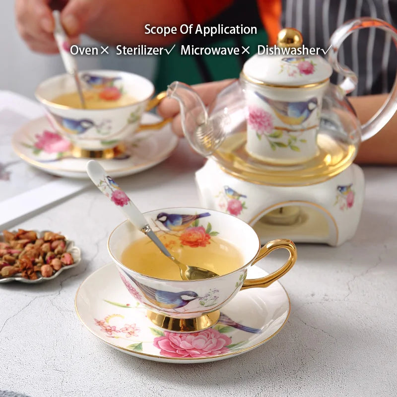 Afralia™ Floral Glass Teapot Set with Bone China Tea Cups and Strainer