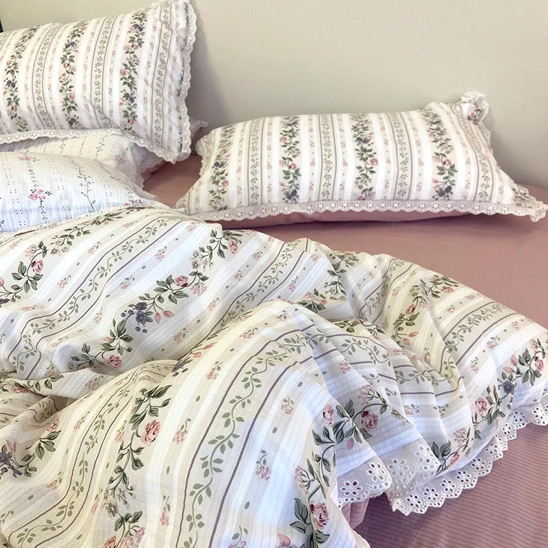 Afralia™ Vintage Lace Ruffles Duvet Set with Bed Sheet and Pillowcases