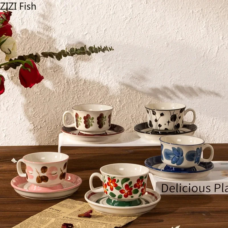 Afralia™ Ink Flowers Ceramic Cup & Saucer Set - Gold-plated Coffee Mug for Dining Table