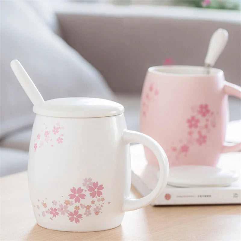 Afralia™ Cherry Blossom Ceramic Coffee Mug with Lid and Spoon