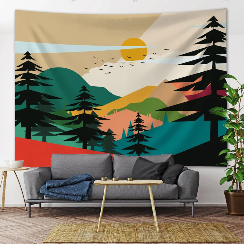 Afralia™ Nordic Mountains Sunrise Forest Tapestry: Boho Wall Decor for Home, Yoga, and More