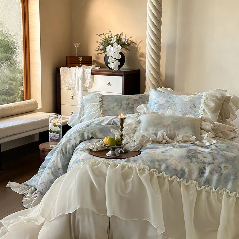 Afralia™ Vintage Flowers Lace Ruffles 800TC Eucalyptus Bedding Set