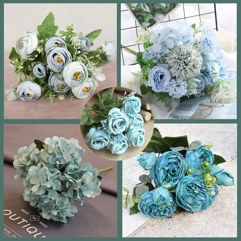 Afralia™ Blue Peony Tea Rose Silk Fake Flowers for DIY Home Garden Wedding Decor