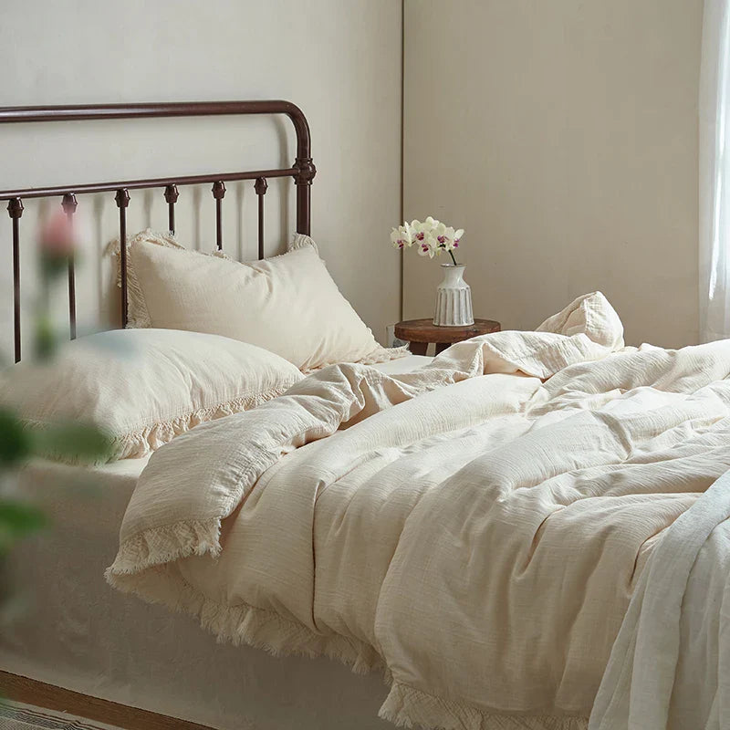 Afralia™ Soft Cotton Tassel Ruffles Bedding Set with Duvet Cover, Sheet & Pillowcases