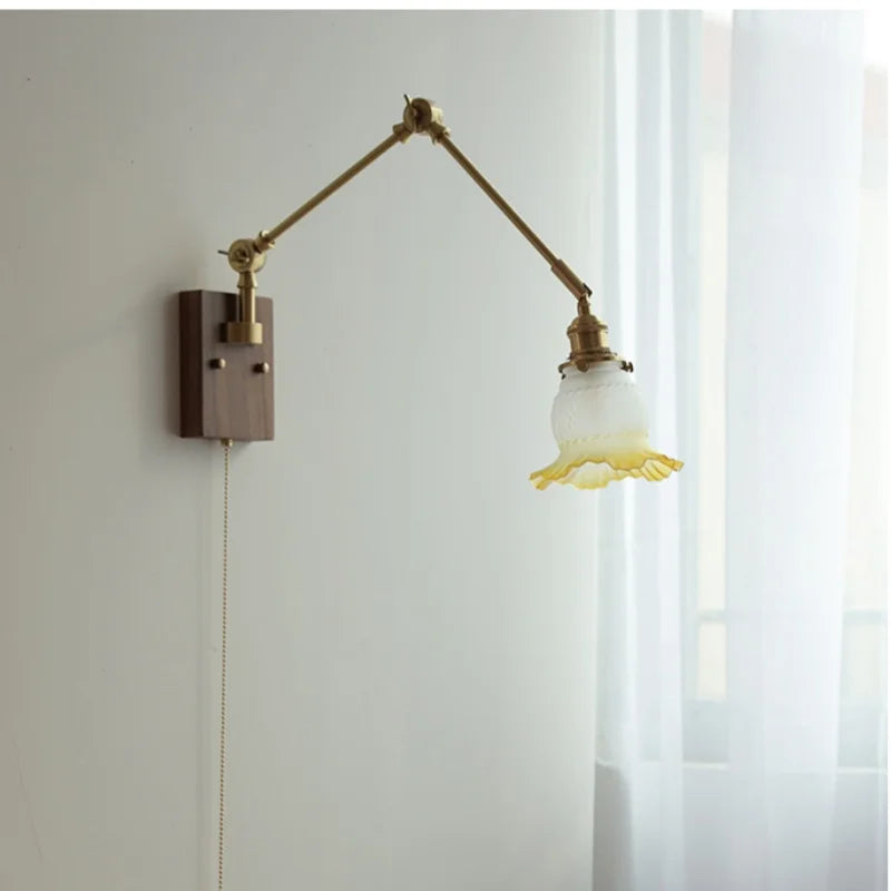 Afralia™ Yellow Glass LED Wall Sconce Walnut Wood Bedside Lamp