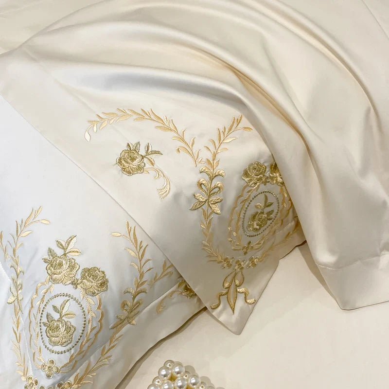 Afralia™ Luxury Gold Flowers Embroidery Cotton Bedding Set