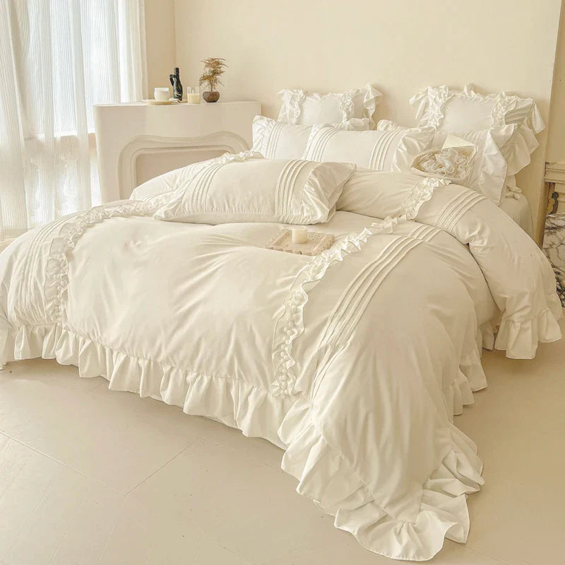 Afralia™ Princess Ruffles Bedding Set: Duvet Cover, Bed Sheet, Pillowcases - Cream White Color