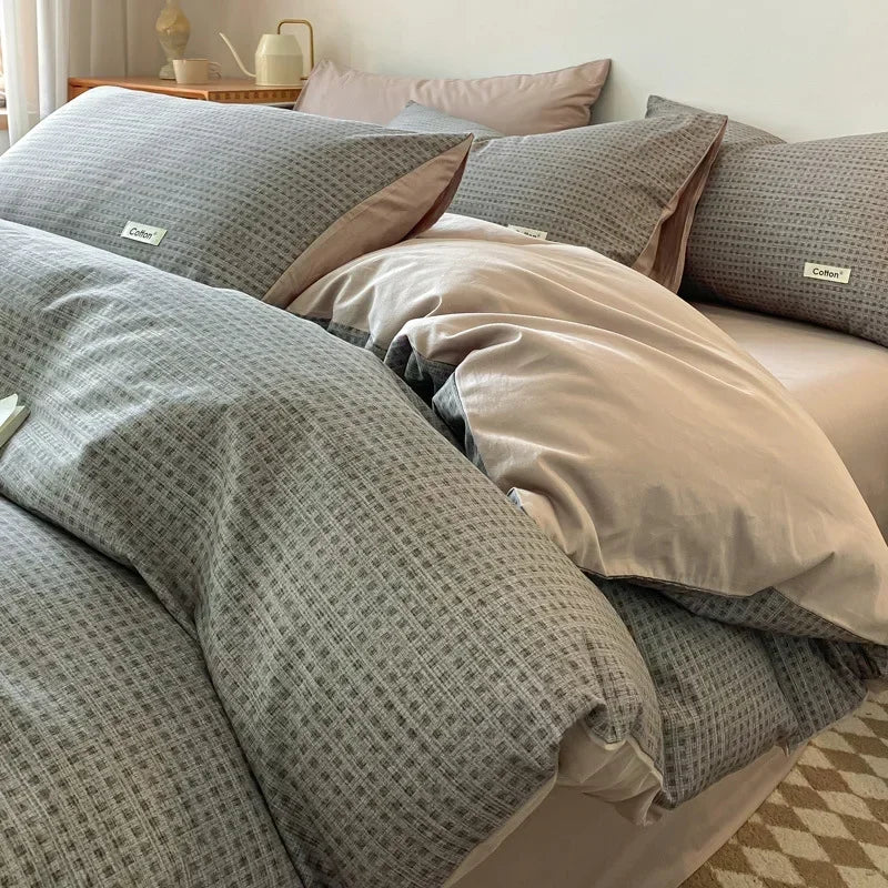 Afralia™ Grid Printed Cotton Fitted Sheet Set - Double-Sided Mix Color Quilt Cover