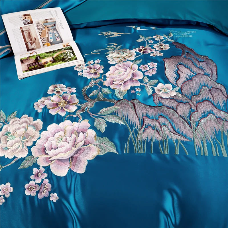 Afralia™ Peony Flowers Embroidery Bedding Set - Luxury Chinese Style - Duvet Cover & Sheets