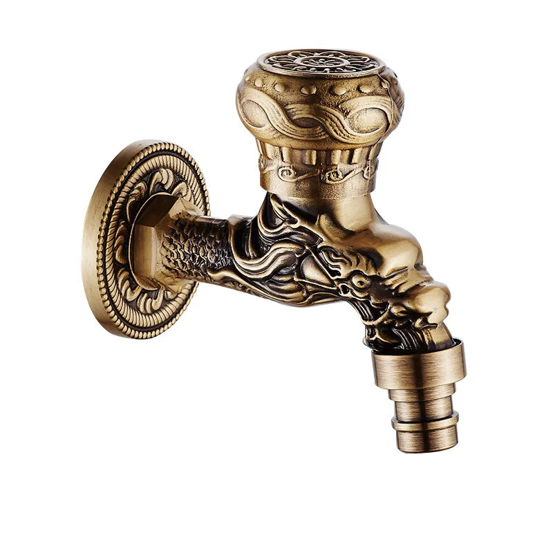 Afralia™ Antique Brass Dragon Carved Outdoor Washing Machine Faucet Cold Tap