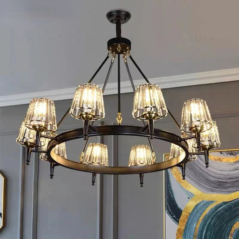 Afralia™ Matte Black Metal LED Chandelier with K9 Crystal Shades - Round Pendant Lighting